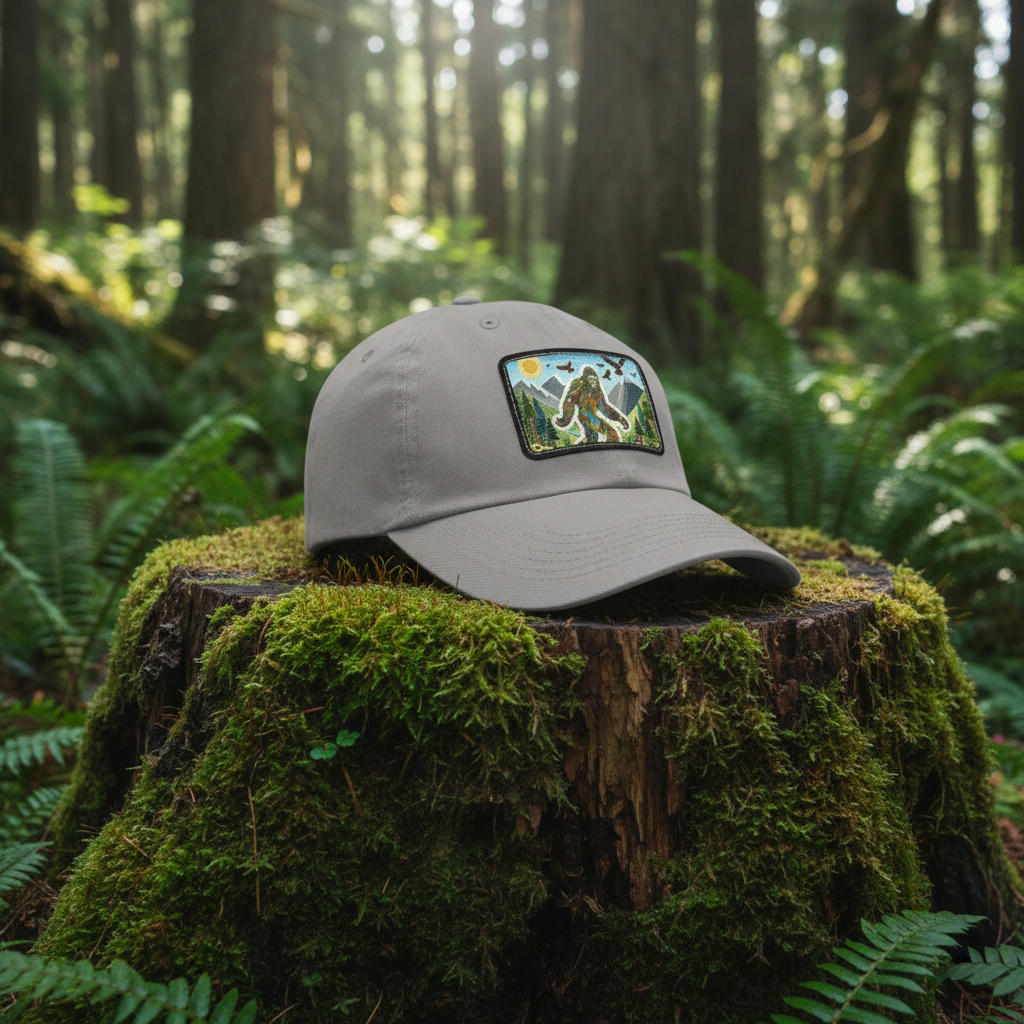 Gray cap with a colorful patch featuring a Sasquatch-like creature in a forest setting on a white background.