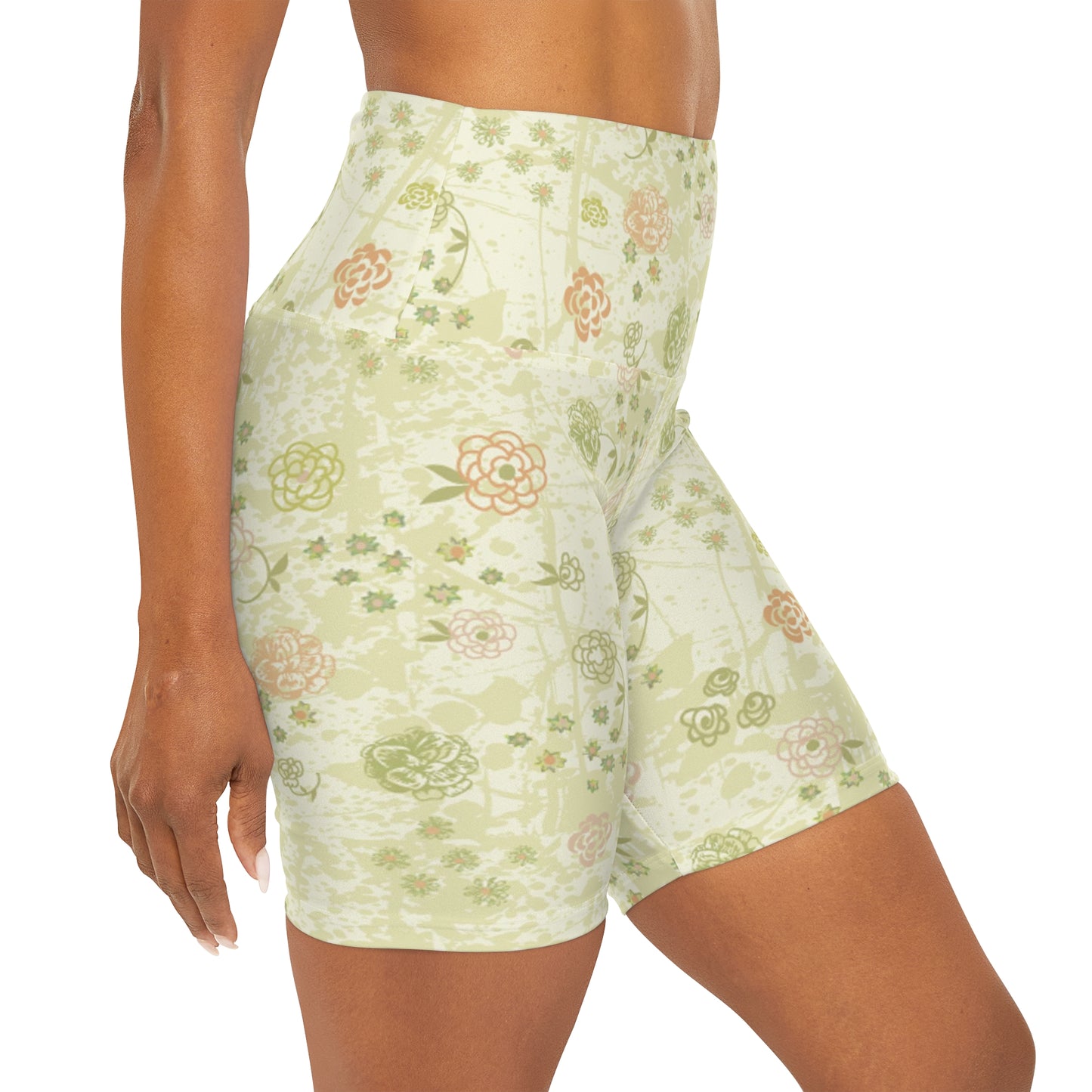 Yellow Floral High Waisted Yoga Shorts