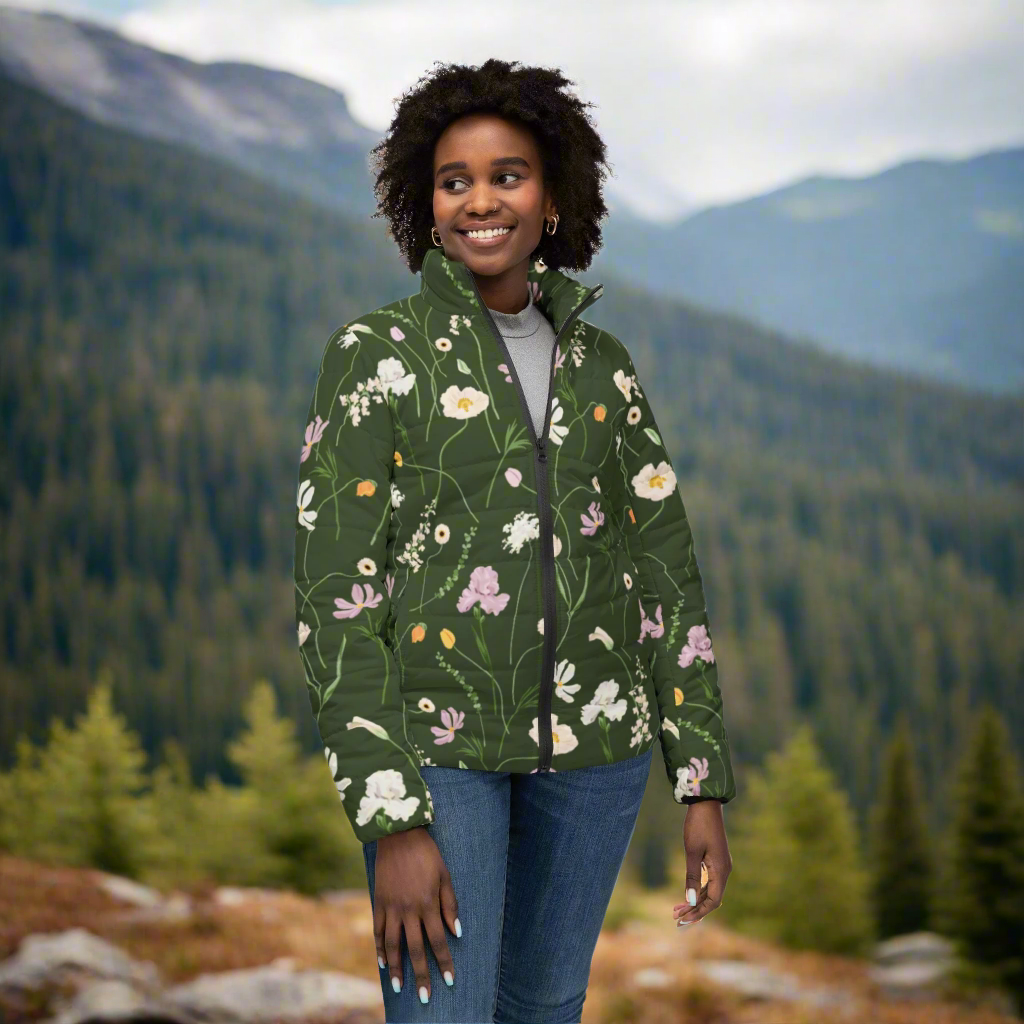 Army Green Flowers Puffer Jacket