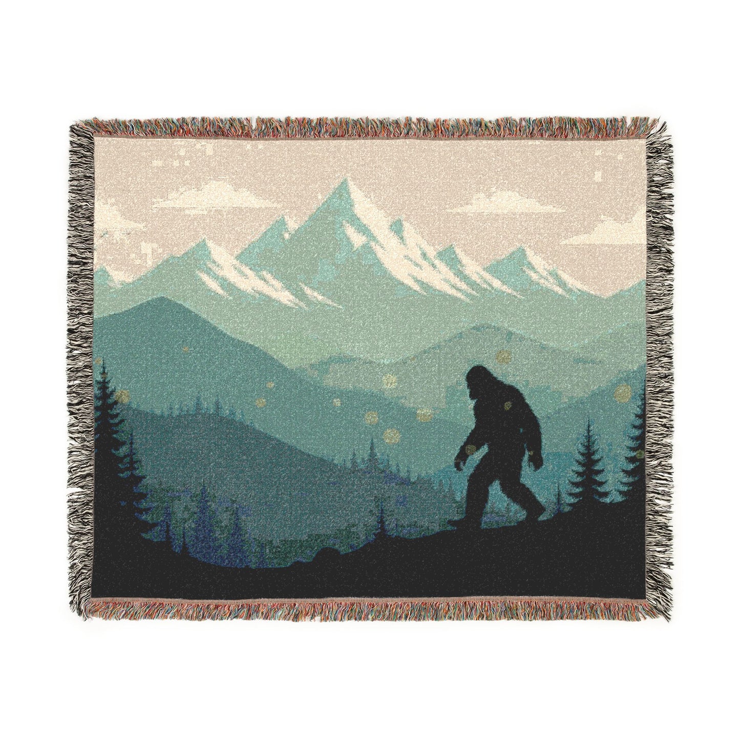 Bigfoot Mountain Woven Blanket — Sasquatch Scenic Throw for Camping & Cabin Décor