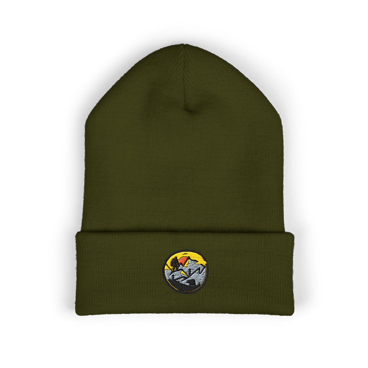 Bigfoot Mountain Embroidered Sunset Beanie — Classic Cuffed Knit Hat
