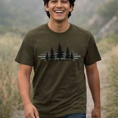 Forest Silhouette Tee — Pine Tree Graphic Shirt for Outdoor Lovers