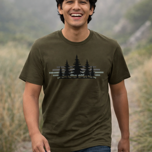 Forest Silhouette Tee — Pine Tree Graphic Shirt for Outdoor Lovers