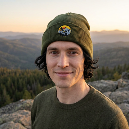 Bigfoot Mountain Embroidered Sunset Beanie — Classic Cuffed Knit Hat