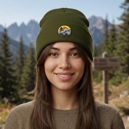 Bigfoot Mountain Embroidered Sunset Beanie — Classic Cuffed Knit Hat