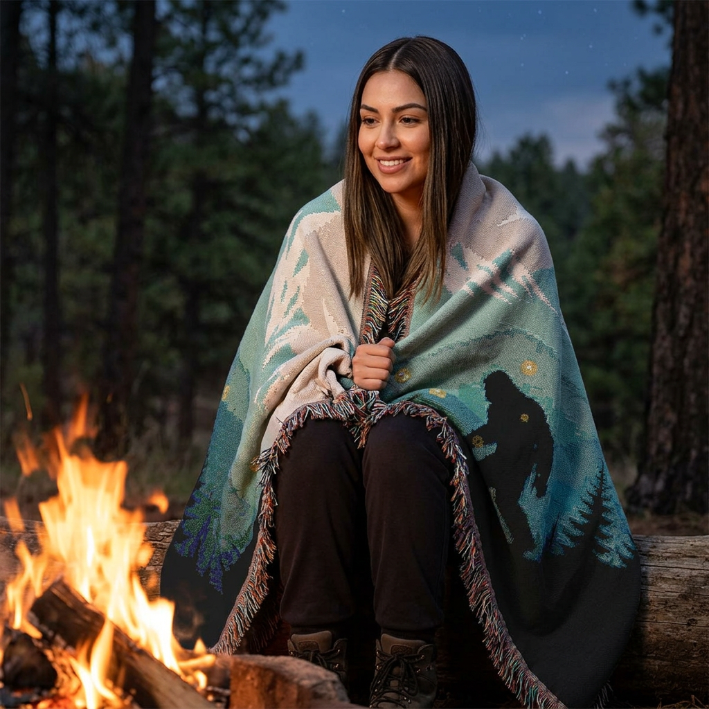 Bigfoot Mountain Woven Blanket — Sasquatch Scenic Throw for Camping & Cabin Décor