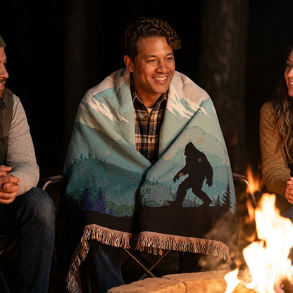 Bigfoot Mountain Woven Blanket — Sasquatch Scenic Throw for Camping & Cabin Décor
