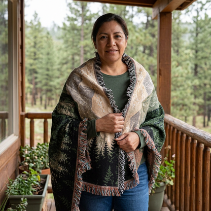 Mountain Landscape Woven Blanket — Cozy Forest Ridge Throw