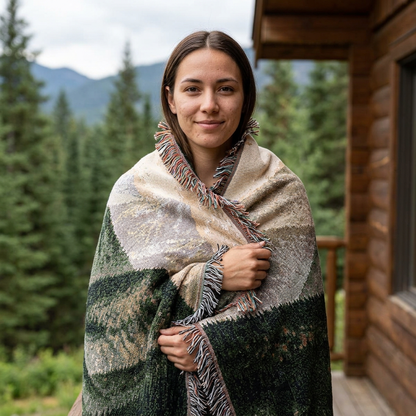 Mountain Landscape Woven Blanket — Cozy Forest Ridge Throw