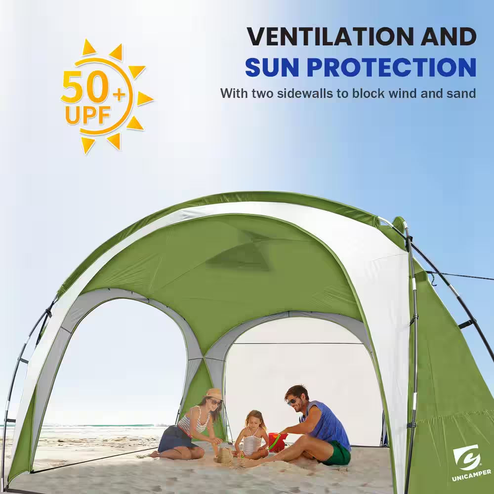Green Large Sun Shelter for 9-People to 12-People UPF50+ Portable Beach Sunshade Tent with Carry Bag