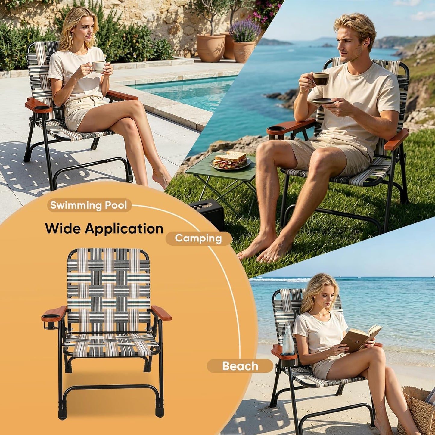 Folding Lawn Chair, Portable Camping Chair with Steel Frame, Woven Fabric and Wooden Armrests, Webbed Patio Dinning Chair for Yard Camping Poolside Beach