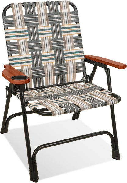 Folding Lawn Chair, Portable Camping Chair with Steel Frame, Woven Fabric and Wooden Armrests, Webbed Patio Dinning Chair for Yard Camping Poolside Beach