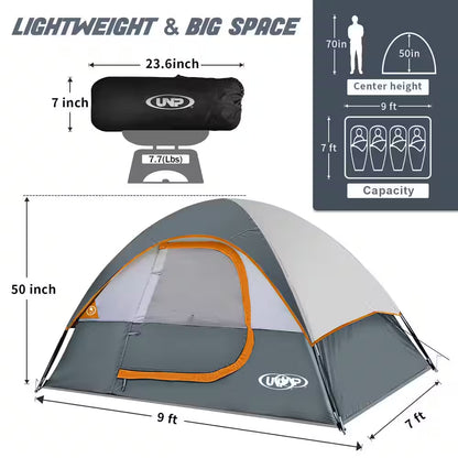 Gray 4-Person Camping Tents, Waterproof Windproof Tent with Rainfly Easy Set Up-Portable Dome Tents for Camping