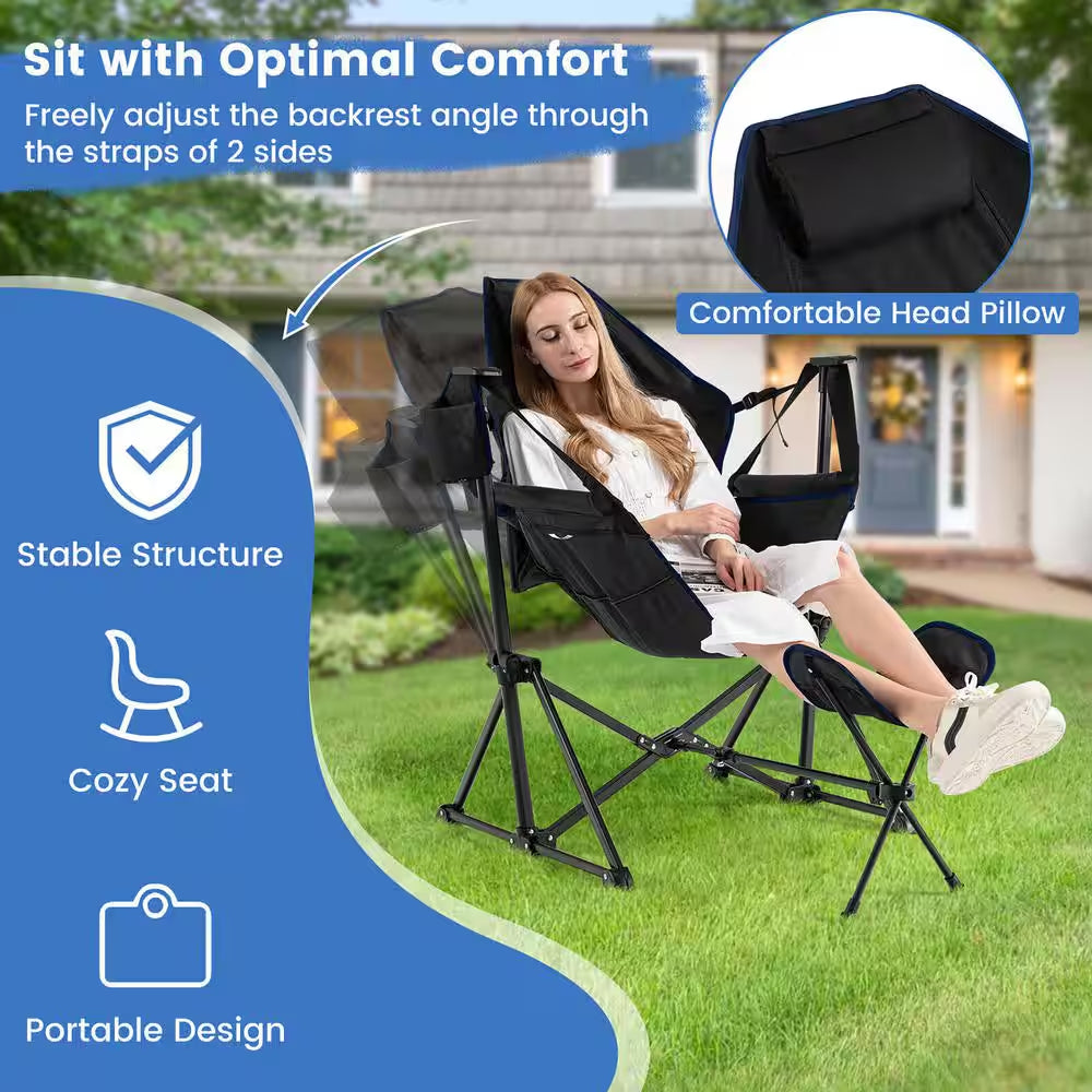 Hammock Camping Chair with Retractable Footrest and Carrying Bag for Camping Picnic Black