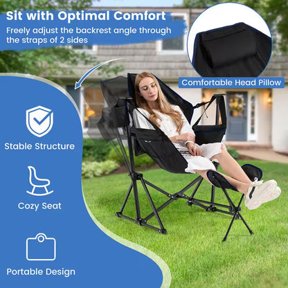 Hammock Camping Chair with Retractable Footrest and Carrying Bag for Camping Picnic Black