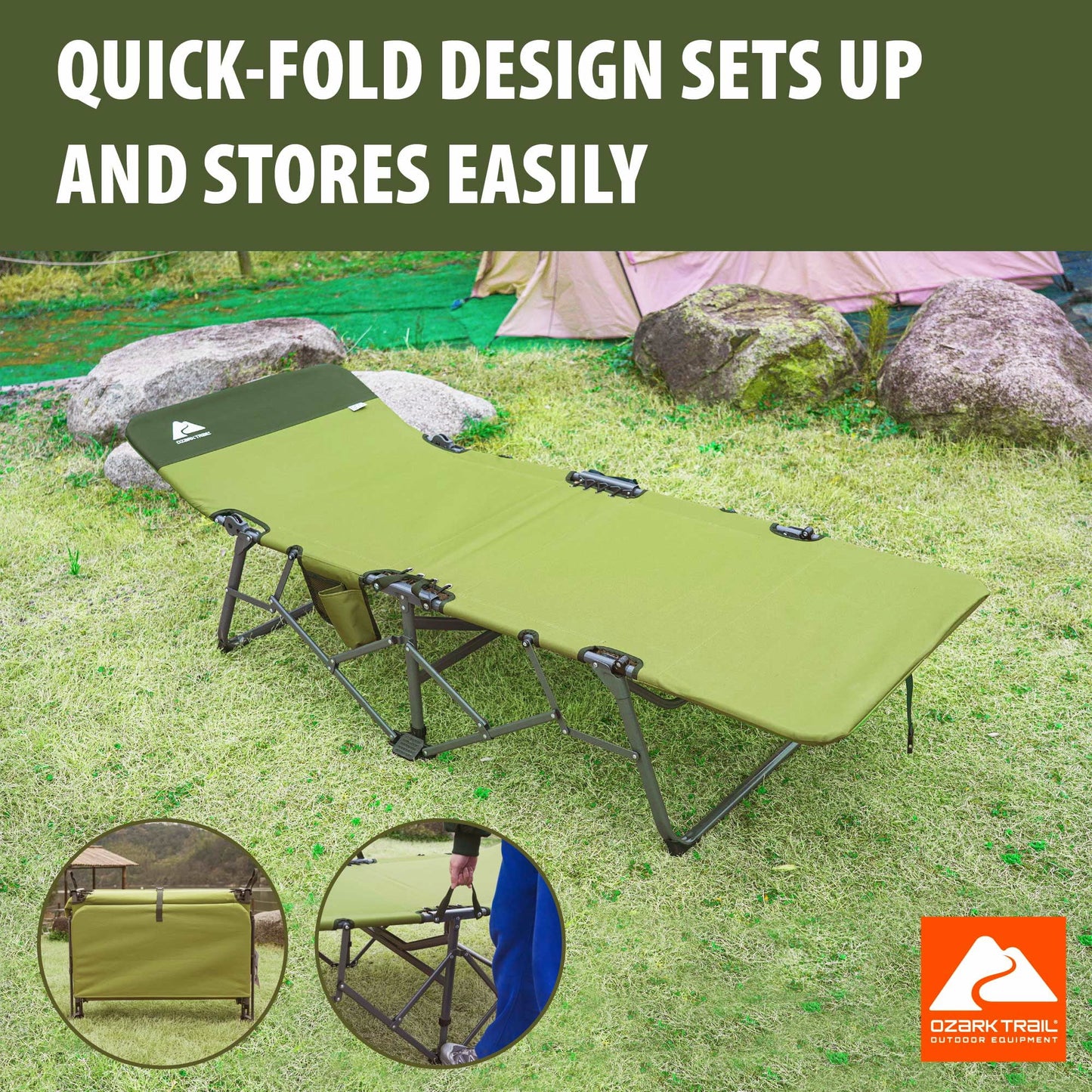 Adult Quick Fold Speedy Camp Cot, Green, 79"X 33" X 16"