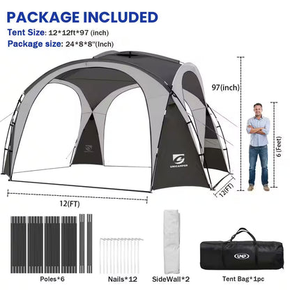 9-12 -Person 12 Ft. X 12 Ft. Gray Pop-Up Canopy UPF50+ Easy Beach Tent with Side Wall, Waterproof for Camping Trips