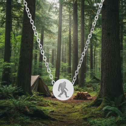 Necklace with a round pendant featuring a silhouette of a person on a white background