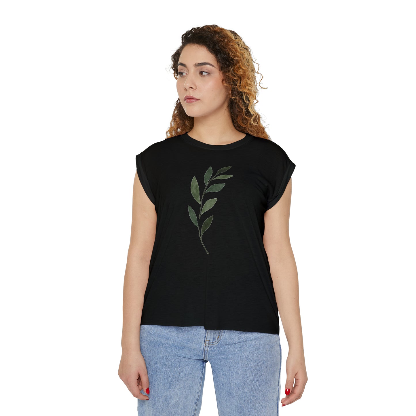 Green Leaf Women’s Flowy Rolled Cuffs Muscle Tee