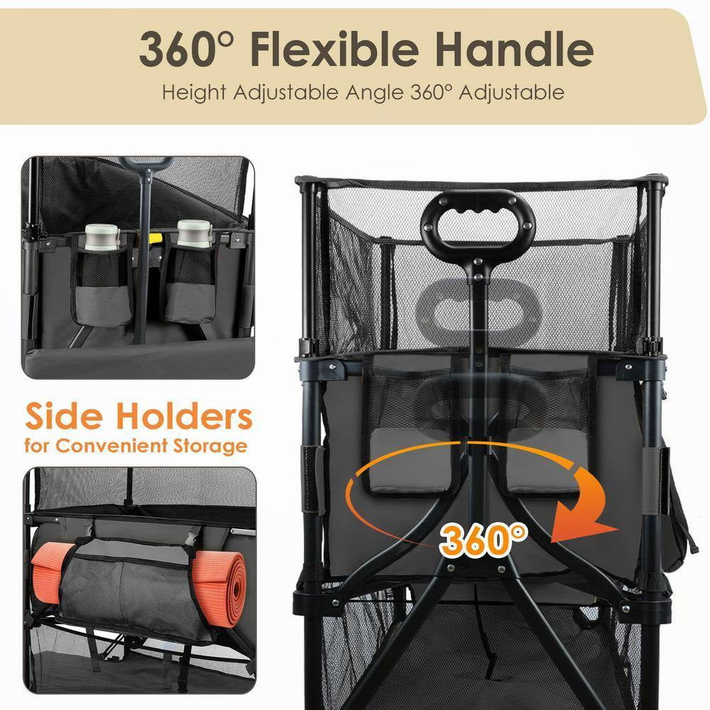 20 Cu. Ft. Black Metal Garden Cart Double Decker Wagon Cart with Wheels Foldable, 550L Large Capacity Collapsible Wagon