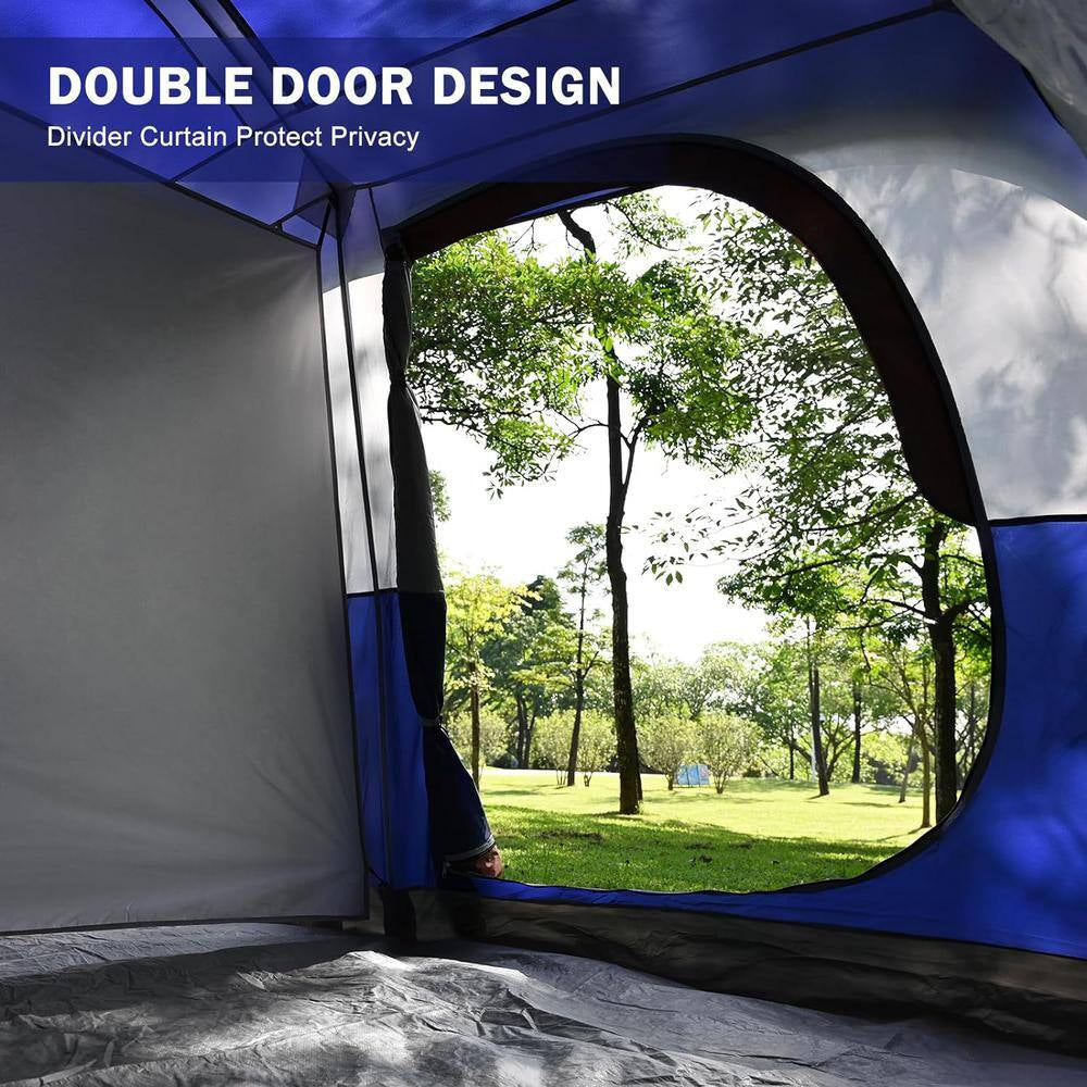 Outdoor Double Layer 14 Ft. X 9 Ft. X 82 In. 9-Person Blue Fabric Camping Tent with 2 Room and Mesh Windows