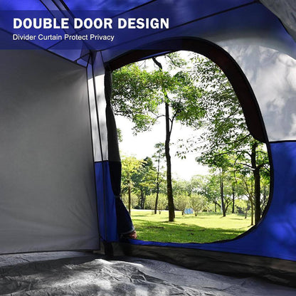 Outdoor Double Layer 14 Ft. X 9 Ft. X 82 In. 9-Person Blue Fabric Camping Tent with 2 Room and Mesh Windows