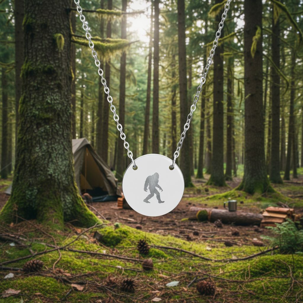 Necklace with a round pendant featuring a silhouette of a bigfoot on a white background