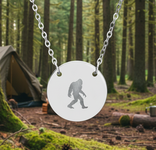 Bigfoot Circle Necklace — Engraved Sasquatch Pendant Necklace