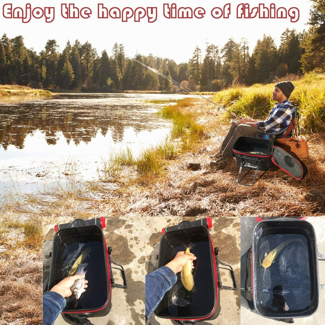 Fishing Bucket,Foldable Fish Bucket, Multi-Functional EVA Fishing Bag for Outdoor, Live Fish Lures Bucket and Fish Protection Bucket,10Gal/8Gal/6Gal/4.8Gal/3Gal Live Fish Container (10Gal/Black)