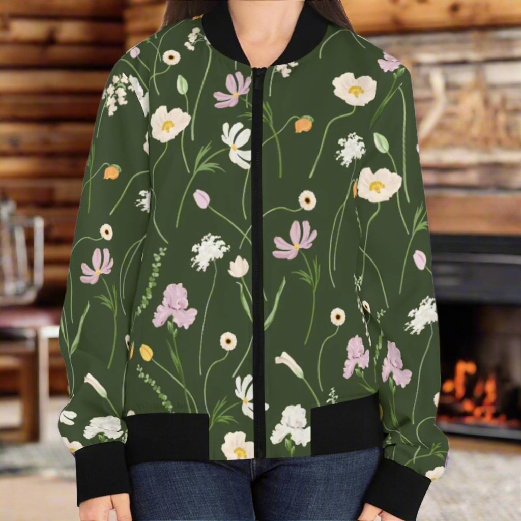 Army Green Flowers - Women's Bomber Jacket