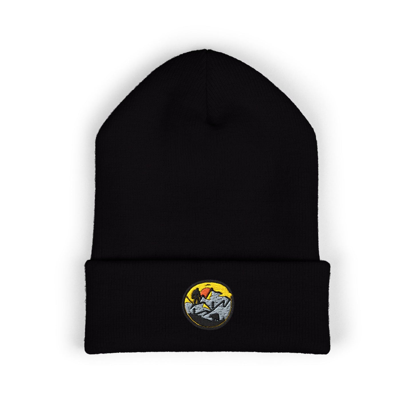 Bigfoot Mountain Embroidered Sunset Beanie — Classic Cuffed Knit Hat