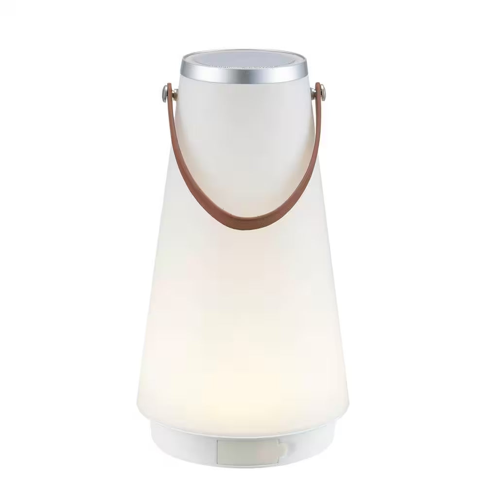 13.75 In. White Indoor/Outdoor Rechargeable Battery Operated LED Lamp with Built-In Wireless Speaker