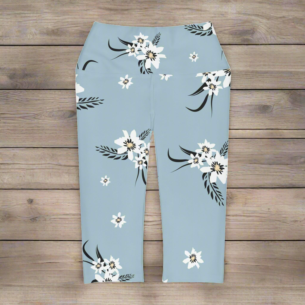 Blue Floral Yoga Capri Leggings