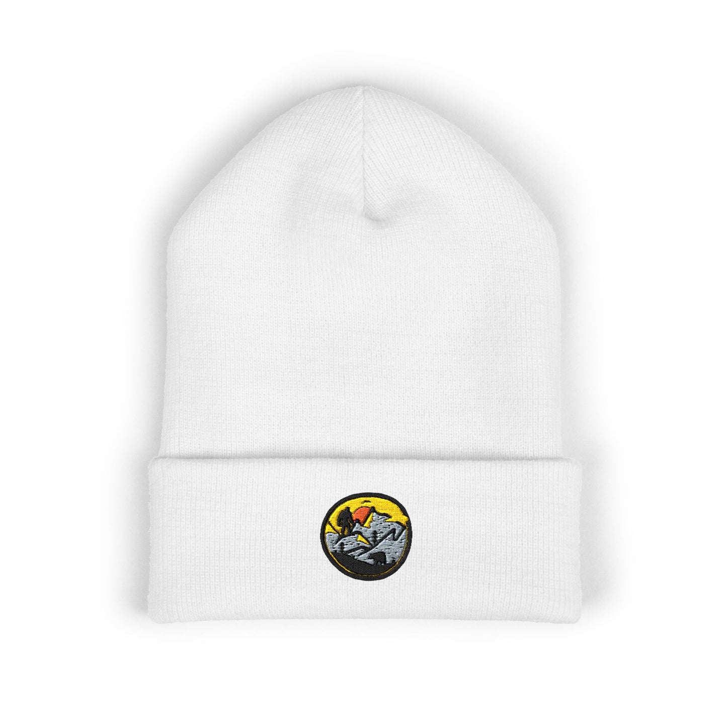 Bigfoot Mountain Embroidered Sunset Beanie — Classic Cuffed Knit Hat