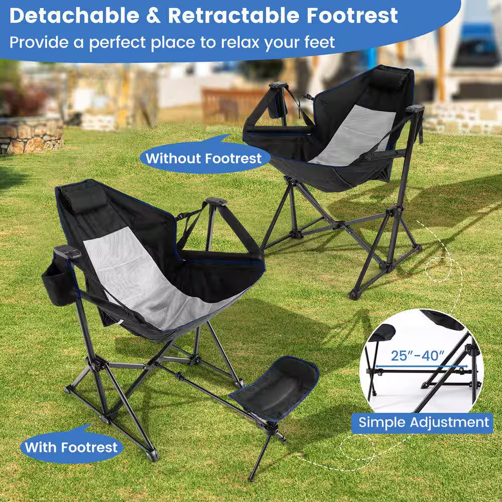 Hammock Camping Chair with Retractable Footrest and Carrying Bag for Camping Picnic Black