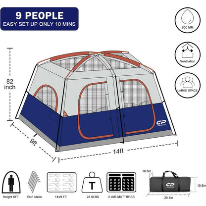 Outdoor Double Layer 14 Ft. X 9 Ft. X 82 In. 9-Person Blue Fabric Camping Tent with 2 Room and Mesh Windows