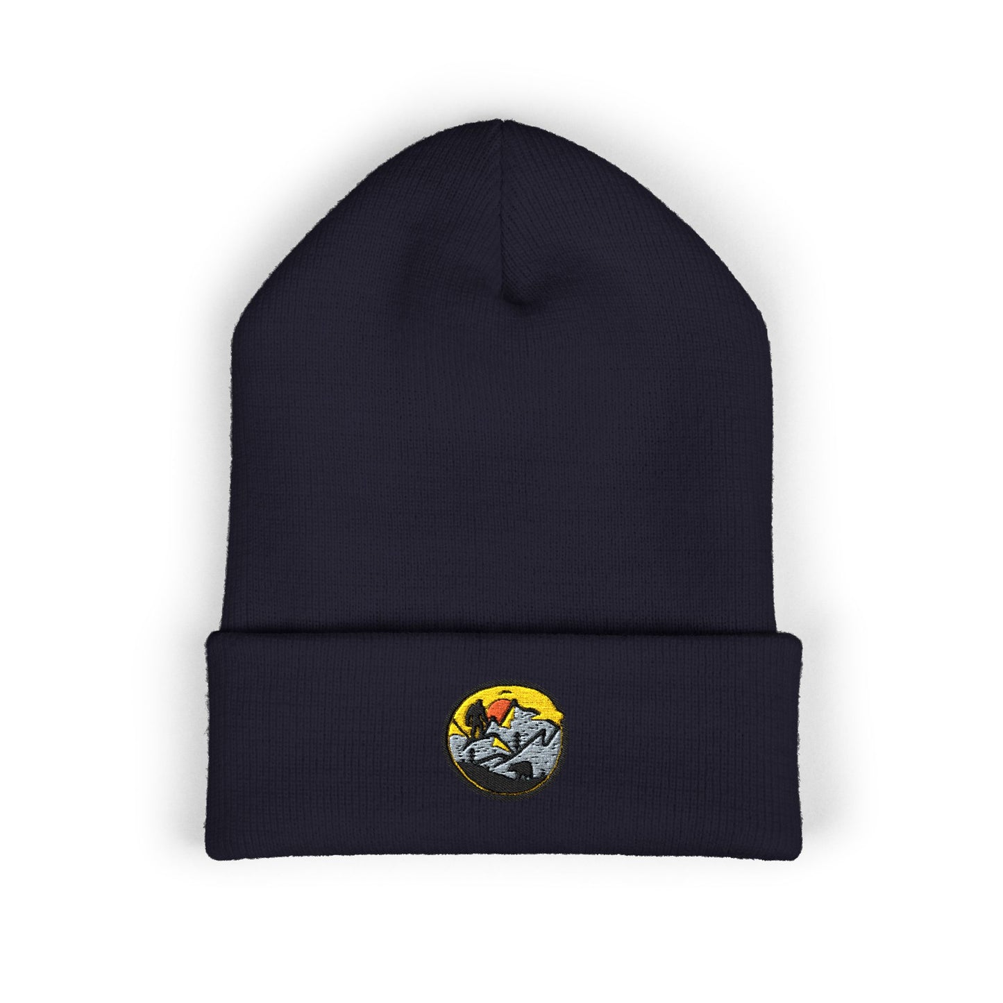 Bigfoot Mountain Embroidered Sunset Beanie — Classic Cuffed Knit Hat