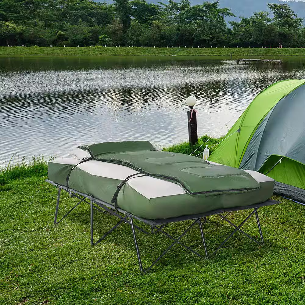 2-Person Folding Camping Cot, Outdoor Bed Set with Sleeping Bag, Inflatable Mattress, Pillows and Carry Bag, Green