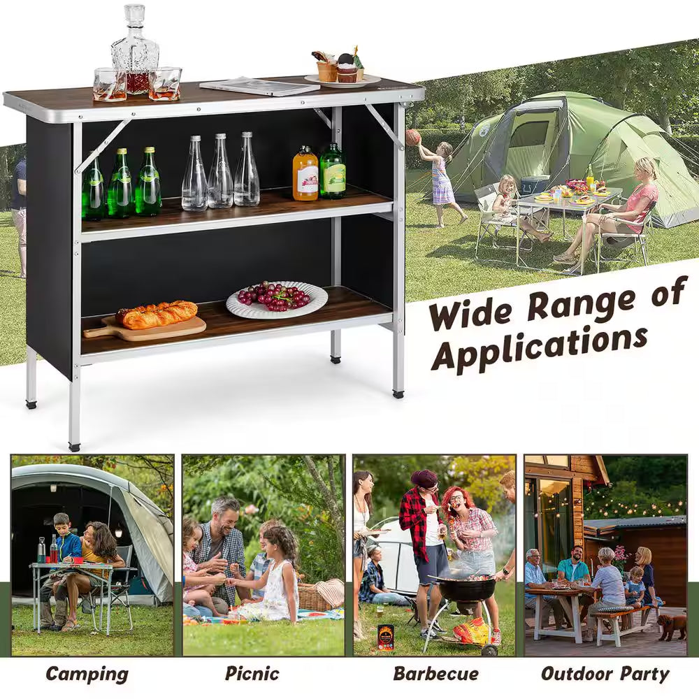 Folding Camping Table Aluminum Portable Picnic Table with 2-Tier Shelves Coffee