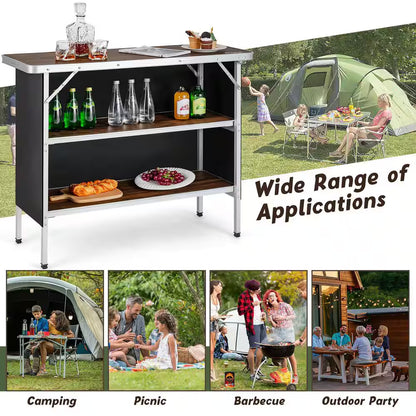 Folding Camping Table Aluminum Portable Picnic Table with 2-Tier Shelves Coffee