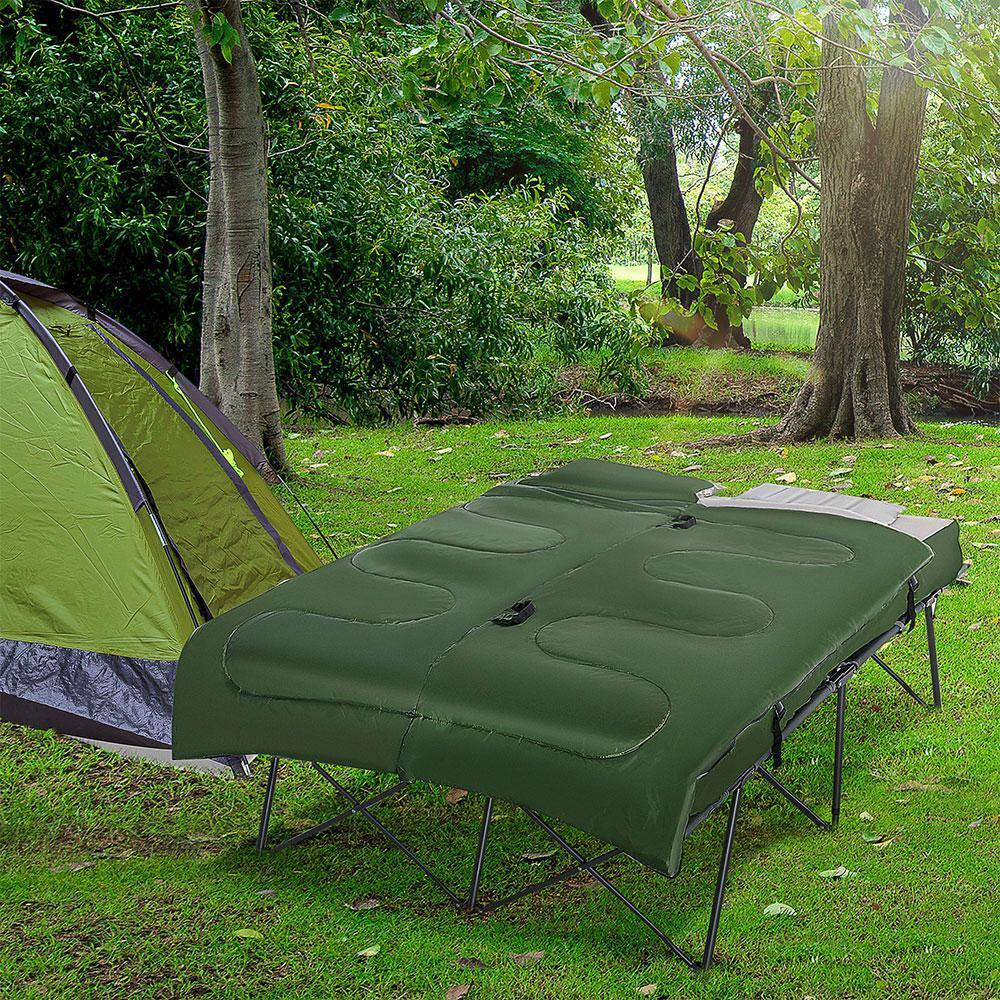 2-Person Folding Camping Cot, Outdoor Bed Set with Sleeping Bag, Inflatable Mattress, Pillows and Carry Bag, Green