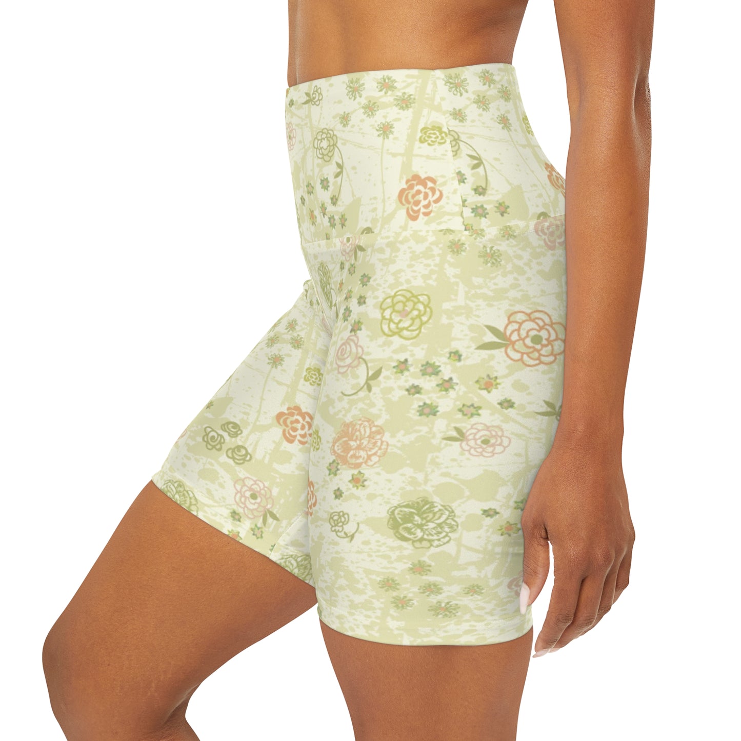 Yellow Floral High Waisted Yoga Shorts