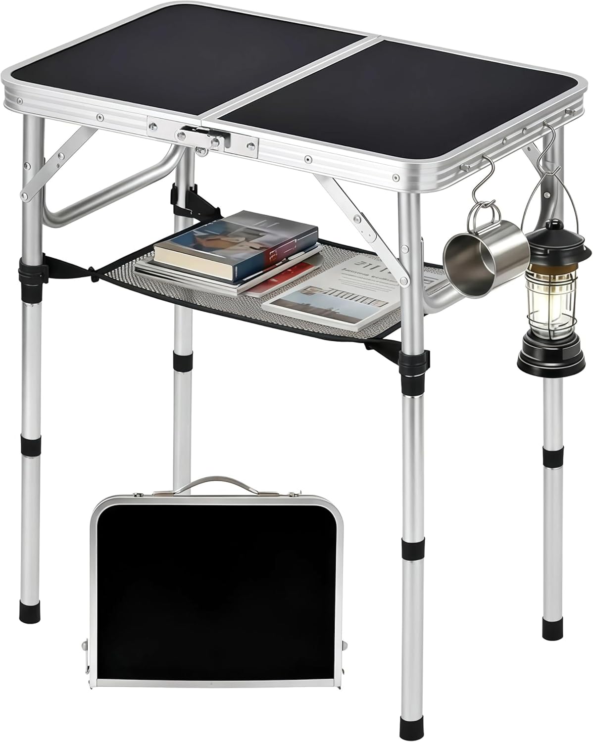 Folding Picnic Table 2Ft Portable Camping Table Adjustable Heights Metal Aluminum Lightweight Foldable Small Outdoor Card Table with Carry Handle for outside Indoor Camp Cooking BBQ Beach