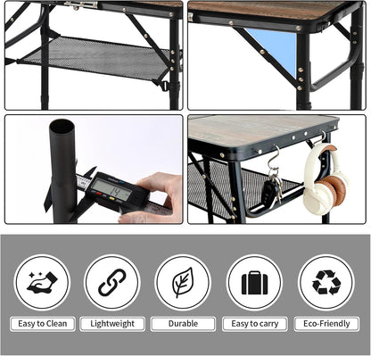 Folding Picnic Table 2Ft Portable Camping Table Adjustable Heights Metal Aluminum Lightweight Foldable Small Outdoor Card Table with Carry Handle for outside Indoor Camp Cooking BBQ Beach
