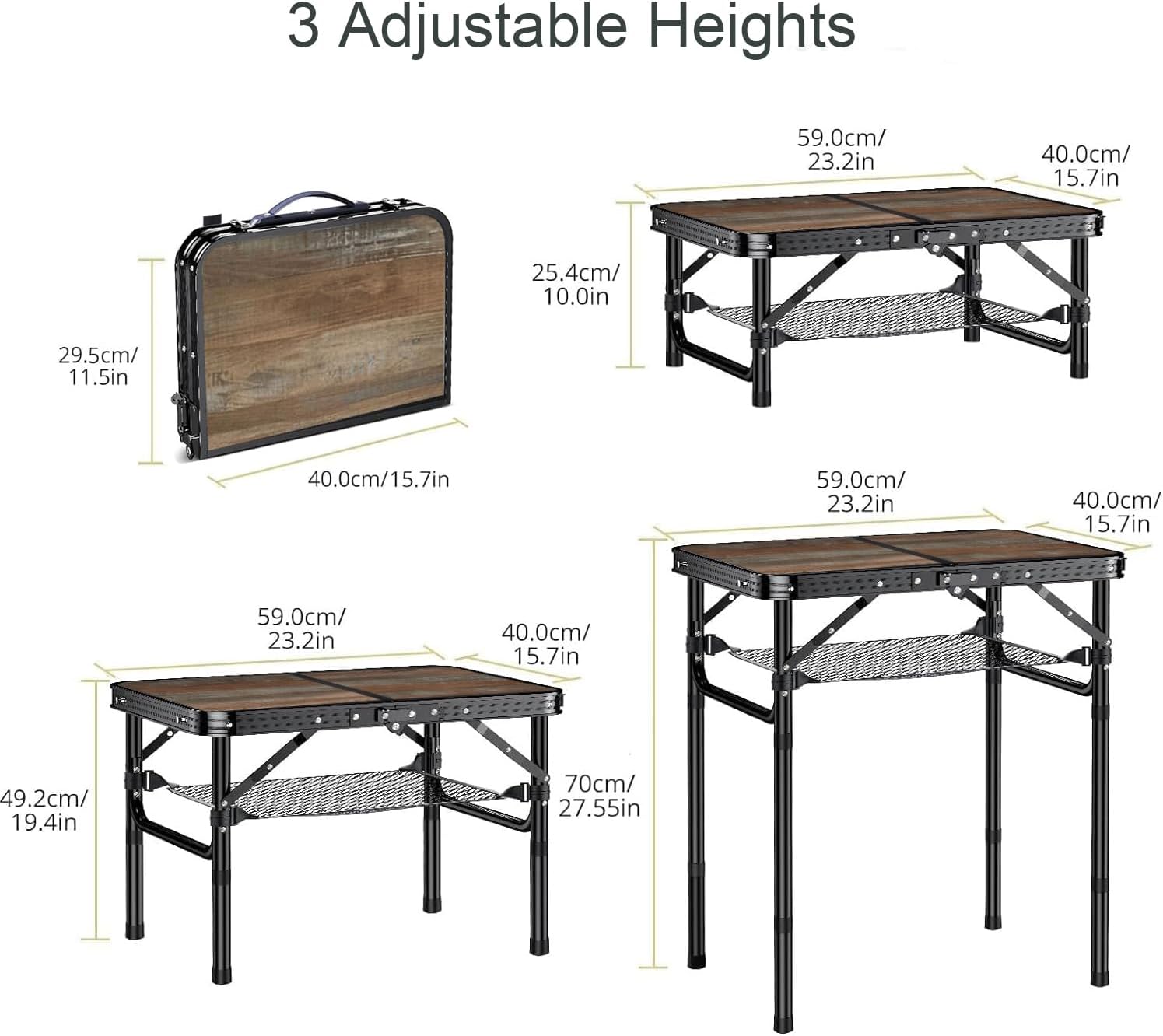 Folding Picnic Table 2Ft Portable Camping Table Adjustable Heights Metal Aluminum Lightweight Foldable Small Outdoor Card Table with Carry Handle for outside Indoor Camp Cooking BBQ Beach