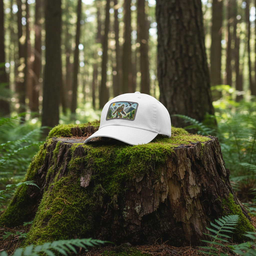 White cap with a colorful patch featuring a Sasquatch in nature on a white background