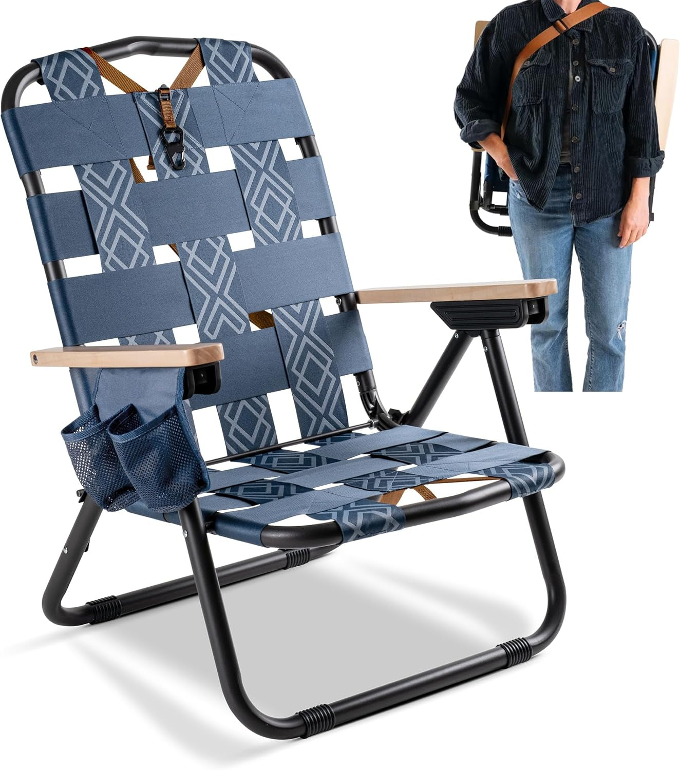 Kove Twilight Blue Beach Camping Chair, Hands Free Carrying Strap + Real Wood Handles & 2 Cup Holders, Foldable Reclining Low Profile Collapsible Lawn Chair, Holds 300 Lbs