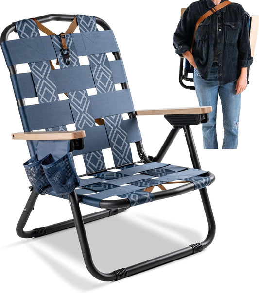 Kove Twilight Blue Beach Camping Chair, Hands Free Carrying Strap + Real Wood Handles & 2 Cup Holders, Foldable Reclining Low Profile Collapsible Lawn Chair, Holds 300 Lbs