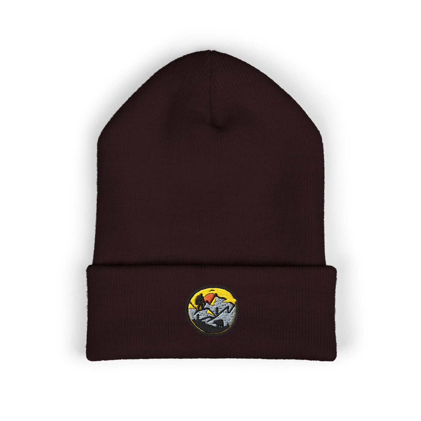 Bigfoot Mountain Embroidered Sunset Beanie — Classic Cuffed Knit Hat