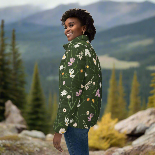 Army Green Flowers Puffer Jacket